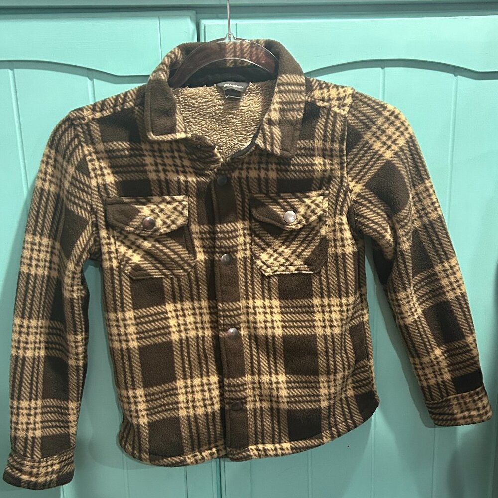 EUC Boys EDDIE BAUER FLEECE SHERPA JACKET COAT 6/7 TAN BROWN SNAP